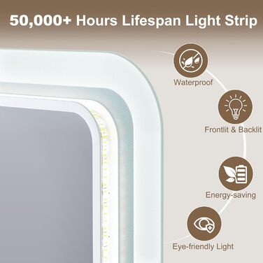 Дзеркало для ванної кімнати Starlead з підсвічуванням 100x70 см, Bluetooth, антизапітніння, регулювання яскравості, 3 кольори світла, функція пам'яті, IP44, LED, горизонтальне/вертикальне, HD скло, Madrid Silver (Bluetooth)