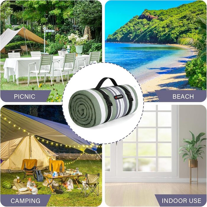 Плед для пікніка водонепроникний HX&OD, 203x203 см, складаний, з ручкою, сіро-зелений