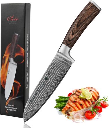 Японський ніж Santoku Wakoli EDIB з дамаської сталі (17 см) з VG10-серцем | Професійний кухонний ніж для приготування їжі | У подарунковій коробці з дерев'яною ручкою Pakkaholz