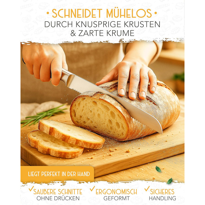 Ніж для хліба KRUSTENZAUBER з хвилястим лезом, 20 см, з нержавіючої сталі, для точного та легкого нарізання, великий ніж для хліба та булочок (26 см)