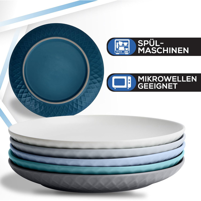 MIAMIO Набір посуду з 24 предметів з кераміки (тафельсервіс) для 6 осіб, Palmanova Kollection, великі тарілки (6 шт.), блакитні, сумісний з мийною машиною та мікрохвильовою піччю