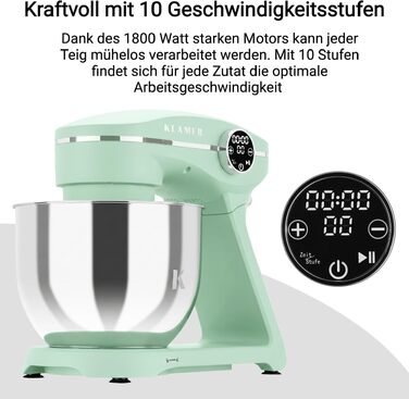 Кухонний комбайн KLAMER 1800W, планетарний міксер для тіста з чашею з нержавіючої сталі 6л (Premium Mint)