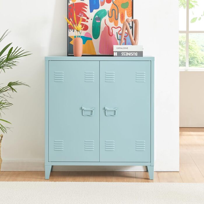 Металевий шафа [en.casa] Oripää для вітальні, офісу та майстерні, 90x80x33 см, з 2 дверцятами і регульованою полицею, сіро-блакитна