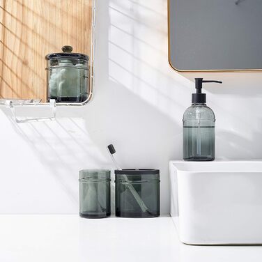 4-piece glass bathroom accessory set with decorative pressed pattern, including soap dispenser, tumbler, soap dish, and toothbrush holder, Blue-Green (Gray)
