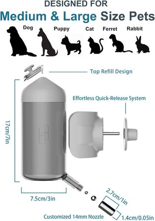 Водяна пляшка для собак [Сірий, 500 мл] - Водяний диспенсер для домашніх тварин, не протікає. Підходить для собак, котів, кроликів, клітки. Об'єм 500 мл, сірий колір