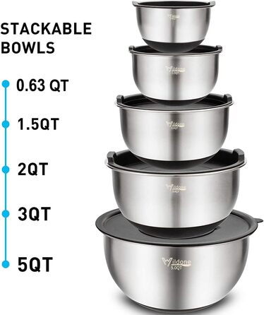 Mixing Bowls 5-Piece Set, Wildone Stainless Steel with Airtight Lids, 3 Grater Attachments, Measuring Markings, and Non-Slip Bottoms, Sizes 5, 3, 2, 1.5, 0.63 QT, ideal for mixing and serving