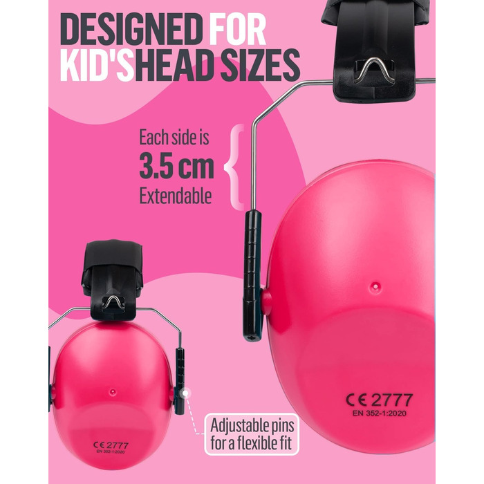 Навушники для захисту вух для дітей 3-16 років, SNR 26dB, для сну, навчання, регульоване обруч (Рожеві)