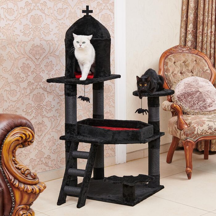 Large Gothic Scratching Post, 140 cm tall, Scratching Post for Large Cats, Stable, XXL Cat Tree with 6 Thick Scratching Pillars, Spider Hanging Ball, Sargbett Platforms, Cave, Black Cat Tower Halloween