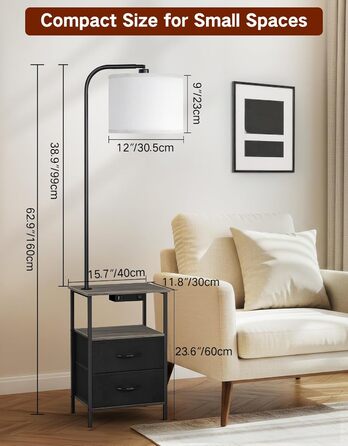 Стельова лампа для вітальні з поличкою та столиком, регульована LED, з пультом, 3 колірні температури, приліжний столик з підзарядкою та полицею, дерев'яний столик для спальні/офісу (сірий з шухлядами)