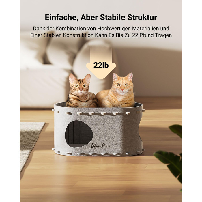 Felt Cat Cave, Felt Cat House, Cat Bed, Cat Cave for Cats, 58 x 33 x 30cm, Peek-a-Boo for Play, Winter-Proof, Cat Nail Protection, Beige (Felt Cat Cave Grey)