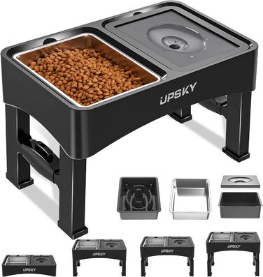 UPSKY 3-в-1 Миска для собак з регульованою підставкою, повільний годівниця, диспенсер для води, не проливається, нержавіюча сталь, для собак маленьких та середніх порід (чорний)