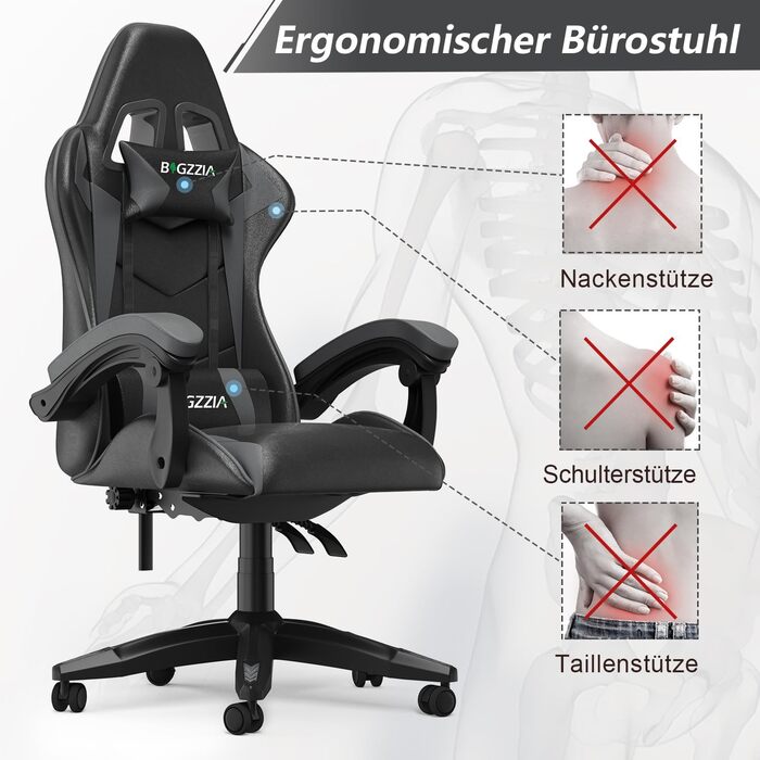Геймерське крісло Racingreat Ergonomic для PC, підлітків та дорослих. Регульоване, з підголівником, оббите PU-шкірою, темно-сіре