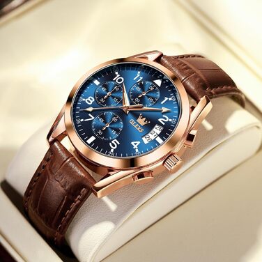 Годинник чоловічий OLEVS Vintage з шкіряним ремінцем, великий циферблат, водонепроникні, аналогові годинники з датою (2878, блакитний циферблат/коричневий ремінець)