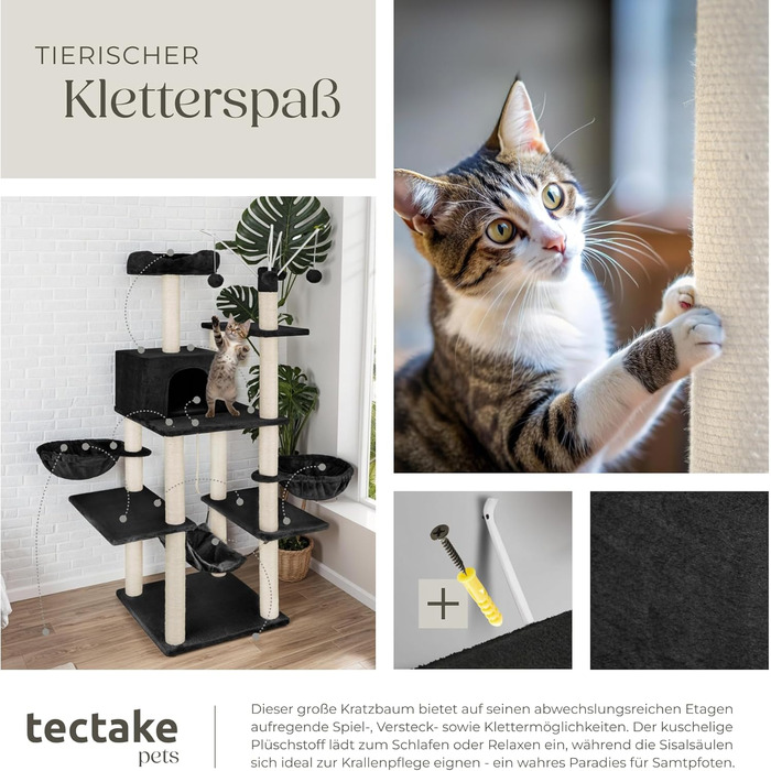 Тектейк® XXL Драбина-кіготь для котів, велика, з аксесуарами: лежанки, гамак, будиночок, іграшки, мотузка з сизалю, ствол для шліфування, кіготь для котів, драбина-кіготь для котів. Висота приблизно 165 см - сірий (Чорний | № 402933)
