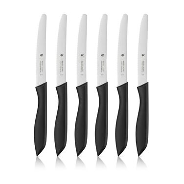 Набір ножів WMF Classic Line для сніданку, 6 шт., 23 см: хлібні, для бутербродів, з хвилястим лезом, нержавіюча сталь, чорний пластиковий руків'я