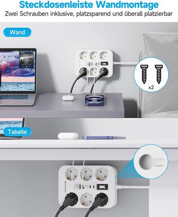 Мережевий фільтр 6-фазовий з USB (3 USB-A, 3 USB-C), з вимикачем та 2м кабелем, захист від перенапруги, чорний (2м білий)