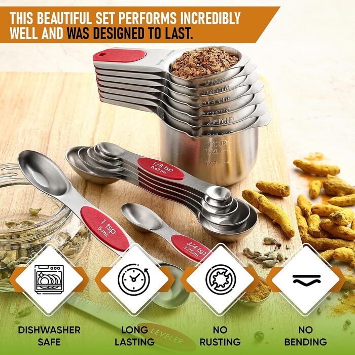 Spring Chef Magnetic Measuring Cup and Spoon Set (Patent Pending), strong N45 magnets, durable stainless steel, fits spice jars for baking & cooking, BPA-free, round, 15-piece set with