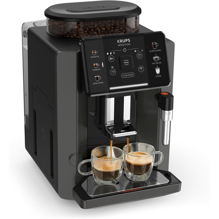 Krups Sensation Fully Automatic Coffee Machine, Milk Frother, 5 Drinks, Filter Coffee Function, 2-Cup Function, Coffee Machine, Black, EA910810 Single