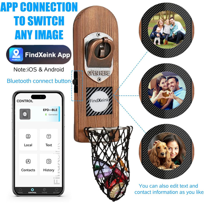 ZONSUSE Bottle Opener Wall Mount Magnet with DIY E-Ink Screen, Vintage Wood Beer Opener Wall with Holder, Customizable Images/Texts, Unique Gift Ideas Gifts for Men Christmas Gifts