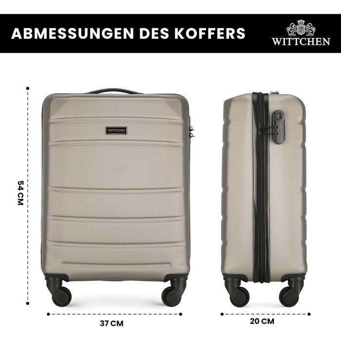 Валіза на колесах WITTCHEN Globe Line S, ручна/кабінна, ABS, 4 колеса, кодовий замок, телескопічна ручка, колір шампань (Lufthansa/Eurowings/Ryanair/Condor/Discover Airlines)