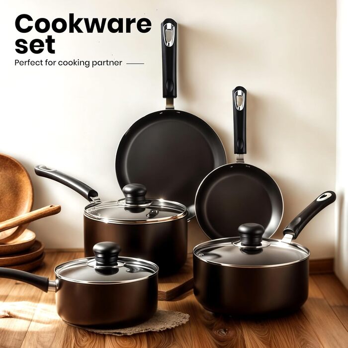 Набір посуду KICHLY 8 предметів з антипригарним покриттям для індукційних плит: каструлі 16, 18, 20 см з кришками, сковороди 20, 28 см