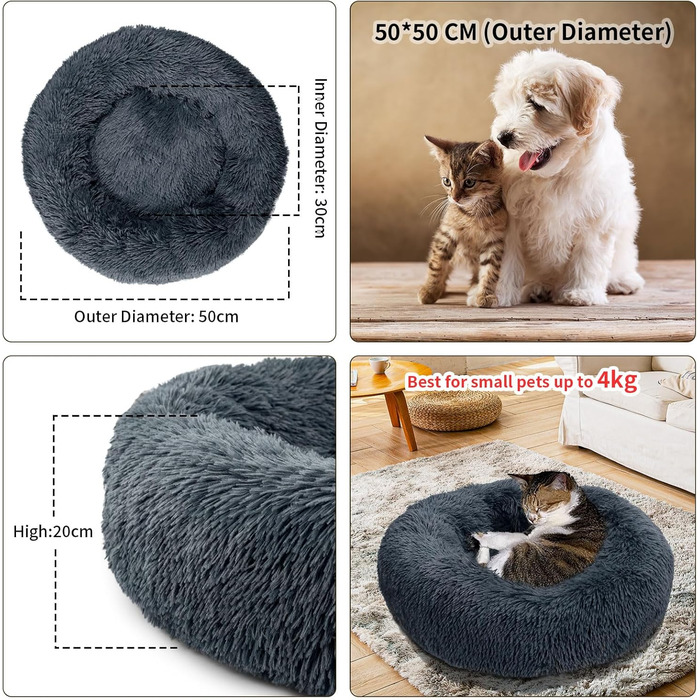 Кругле ліжко для котів та собак, 60 см, м'яке, плюшеве, миється, сірий (S_Dark Grey)
