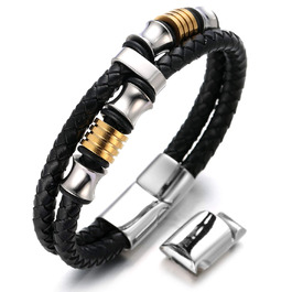 Дитячий браслет Halukakah для хлопчиків: шкіряний, з магнітним застібком, золотисто-срібне покриття, 18-19.5 см, з подарунковою коробкою (6-12 років)