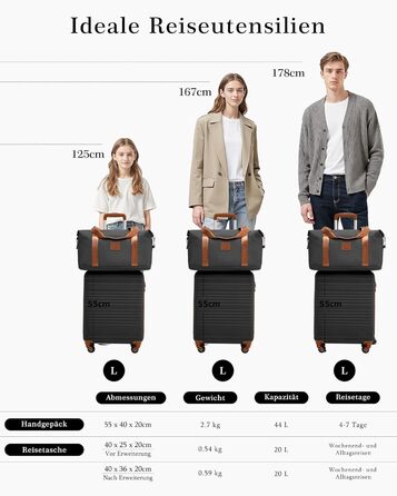 Набір ручної валізи COOLIFE 55x35x20cm та невеликої сумки 40x25x20cm (2 шт.) з TSA замком, 4 колесами, ABS-корпус, чорний/коричневий | Для Ryanair & Easyjet