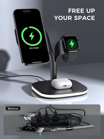 Зарядна станція 3 в 1 для Apple Watch та iPhone з MagSafe, сумісна з iPhone 17 Air 16 15 14 13 12, Apple Watch 11 10 9 8 7 6 5 4 3 2 SE Ultra, AirPods Pro/4/3/2, білий (чорний)