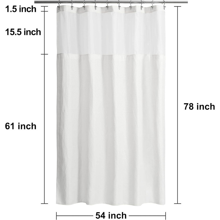 Штора для душу N&Y HOME з вафельної тканини з підкладкою та гачками, 180x182 см, біла. Водонепроникна, пральна, готельний стиль