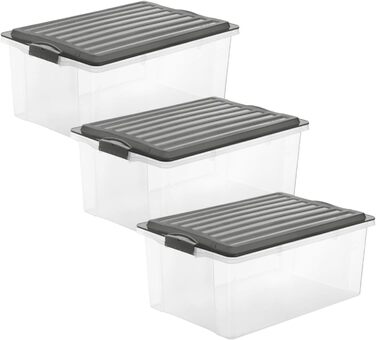 Rotho Compact 3-Piece Storage Box Set 70L with Lid and Wheels (3x38L, Anthracite/Transparent)