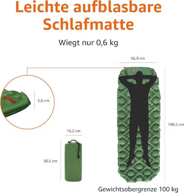Amazon Basics Camping Sleeping Pad - Lightweight, Waterproof, with Foot Pump, 5.6 inch Thick, Olive Green