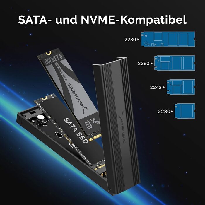 Корпус для NVMe SSD Sabrent з адаптером m2 SATA, USB C 3.2 Gen 2 (10 Гбіт/с), з кулером, для бізнесу