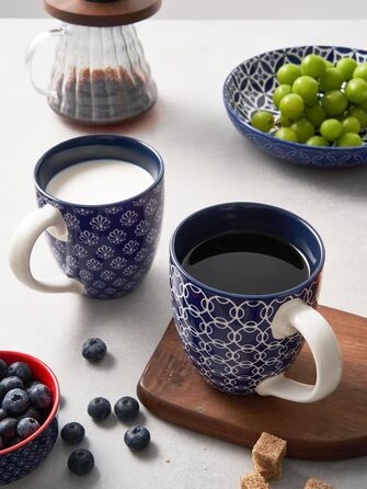 DOWAN Coffee Mug Set, 6 x 560 ml Porcelain Coffee Cups, Large Cups in Chinese Traditional Pattern Style for Coffee, Milk, Tea & Hot Chocolate, Coffee Mug Blue and White