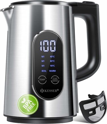 KESSER® Stainless Steel Kettle 1.7 Liter | LED Display | 4-Mode Temperature Setting 40°C-100°C | 30-Minute Keep Warm | Electric Tea Kettle 2200W BPA-Free | Scale Filter & Easy-Open Lid, (Silver)