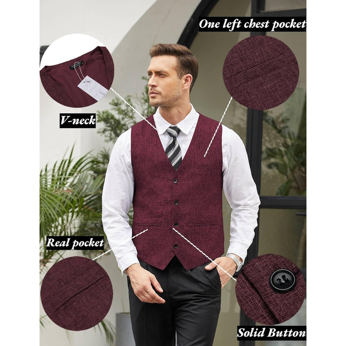 Жилет чоловічий COOFANDY Casual Business Slim Fit, Бордовий (3XL)