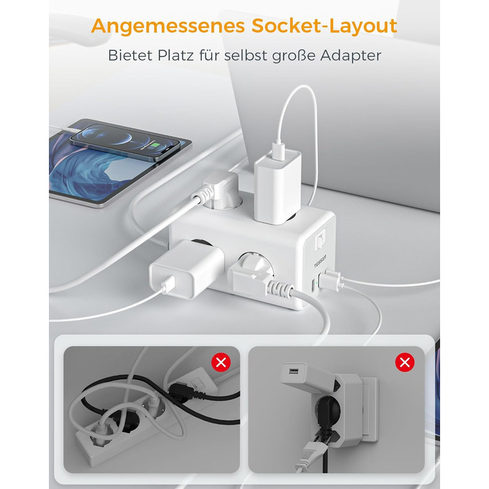 Мережевий фільтр TESSAN 6-fach з USB-C, 9 в 1 з вимикачем, 2 метри кабелю для дому та офісу