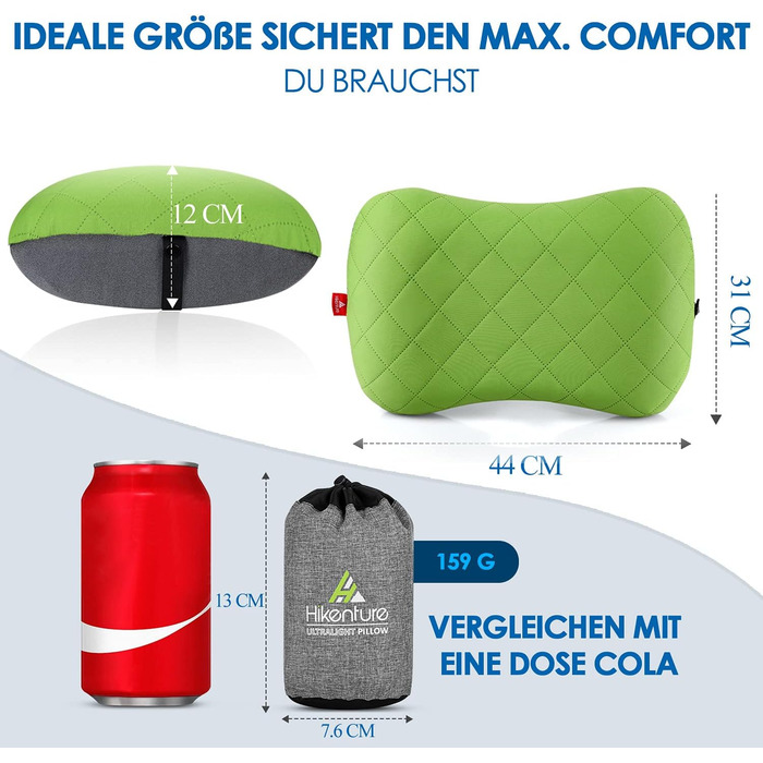 Надувне туристичне/дорожнє подушечка HIKENTURE з знімним чохлом, ергономічна, комфортна підтримка шиї для подорожей та відпочинку на природі (зелений)