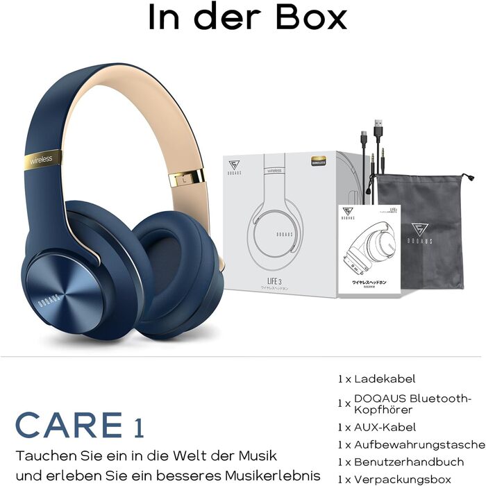 DOQAUS Bluetooth навушники Over-Ear: 90 годин роботи, 3 режими EQ, HiFi стерео, мікрофон, для подорожей/офісу/телефону/ПК/ноутбуків - Navy Blue