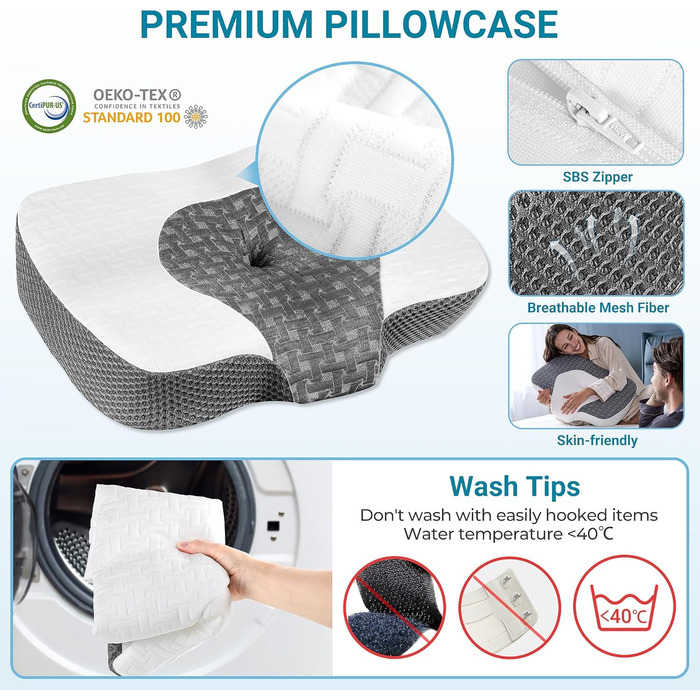 Ортопедична подушка Elviros для шиї з memory foam, ергономічна, для сну на боці, біла, 54x34x8.9/10.9 см