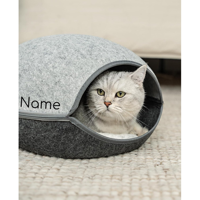 Lionto Cat Cave made of robust felt, cozy cuddle cave with zipper, 46x38x24 cm, comfortable and modern cat bed with soft and washable cushion, grey (with name tag)