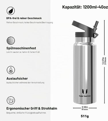 Термофляга Sparrow з нержавіючої сталі 1200 мл з кришкою-соломминкою, герметична ізольована пляшка для води (гаряче та холодне), BPA-free