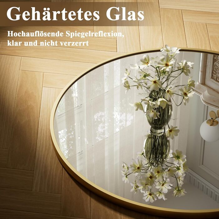 BEAUTYPEAK Дзеркало кругле 60 см з декоративним алюмінієвим каркасом, безпечне для ванної кімнати, для спальні, вітальні (106x106 см, золото)