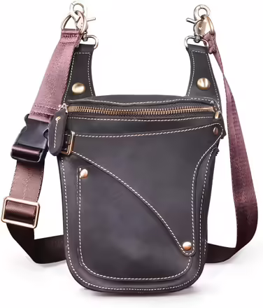 Le'aokuu Men's Leather Motorcycle Hip Bag Messenger Shoulder Drop Leg Bag (9326 Dark Black)
