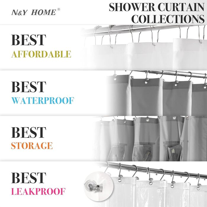 Штора для душу N&Y HOME з вафельної тканини з підкладкою, 12 гачків, біла 180x182 см - Водонепроникна, важка, готельний стиль