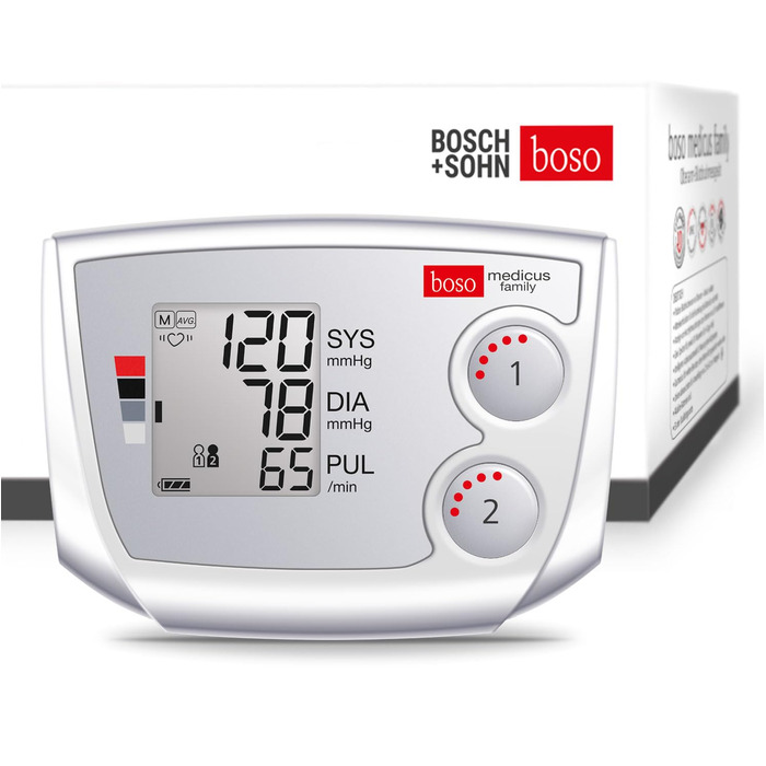 Тонометр Boso Medicus Family з 2 пам'ятними місцями, великим дисплеєм та визначенням аритмії – універсальна манжета (22–42см)
