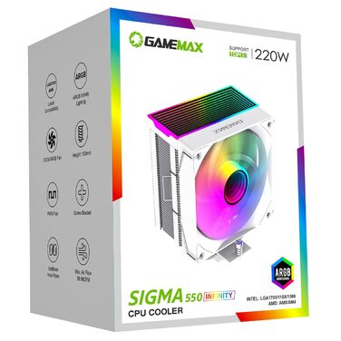 Кулер CPU GAMEMAX SIGMA 550 Infinity Weiß: 220W, 5 Heatpipes, ARGB PWM 120mm, LGA1851/1700/AM5/AM4