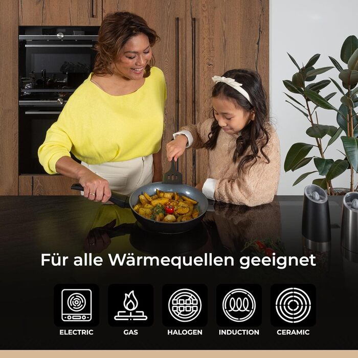 Набір сковорідок Be Living Delight 4 шт. (20/24/28 см + вок 28 см з кришкою), антипригарне покриття з кераміки, для індукційних плит, без PTFE та PFOA, чорний