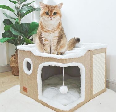 Spindro Cat Cave Cat Bed Large, Cat House Indoor Cat Sleeping Place with Removable Sherpa Cat Cushion and Hanging Toy, Cat Bed, Light Grey 42x42x33cm (2 level (42cmx42cmx33cm), Khaki)