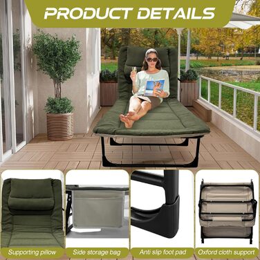 Розкладне ліжко для кемпінгу XXL - широке кемпінгове ліжко, розкладне ліжко, карпове ліжко з регульованою спинкою, ліжко для саду та відпочинку на відкритому повітрі (зелене)